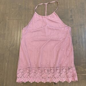Wet Seal Mesh Overlay Y2K Halter Tank S Pink Fairy‎ Coquette Bloom Dainty Lace